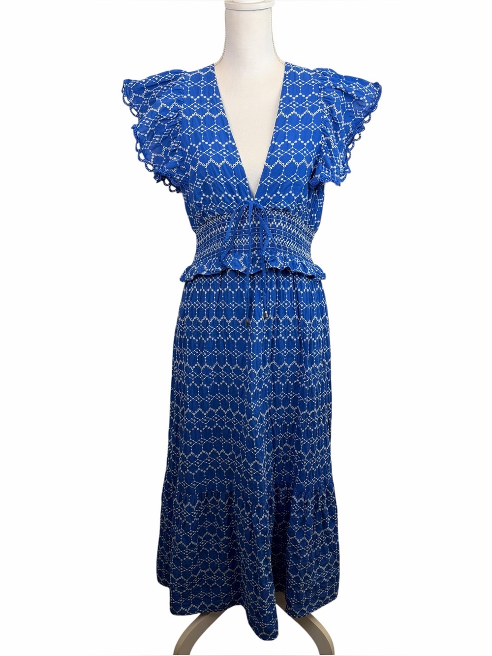 OPT | Jardin Blue Eyelet Flutter Sleeve Midi Dress